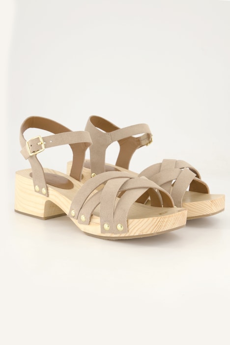 Leder-Clog-Sandaletten, Nieten, Holzsohle, Blockabsatz