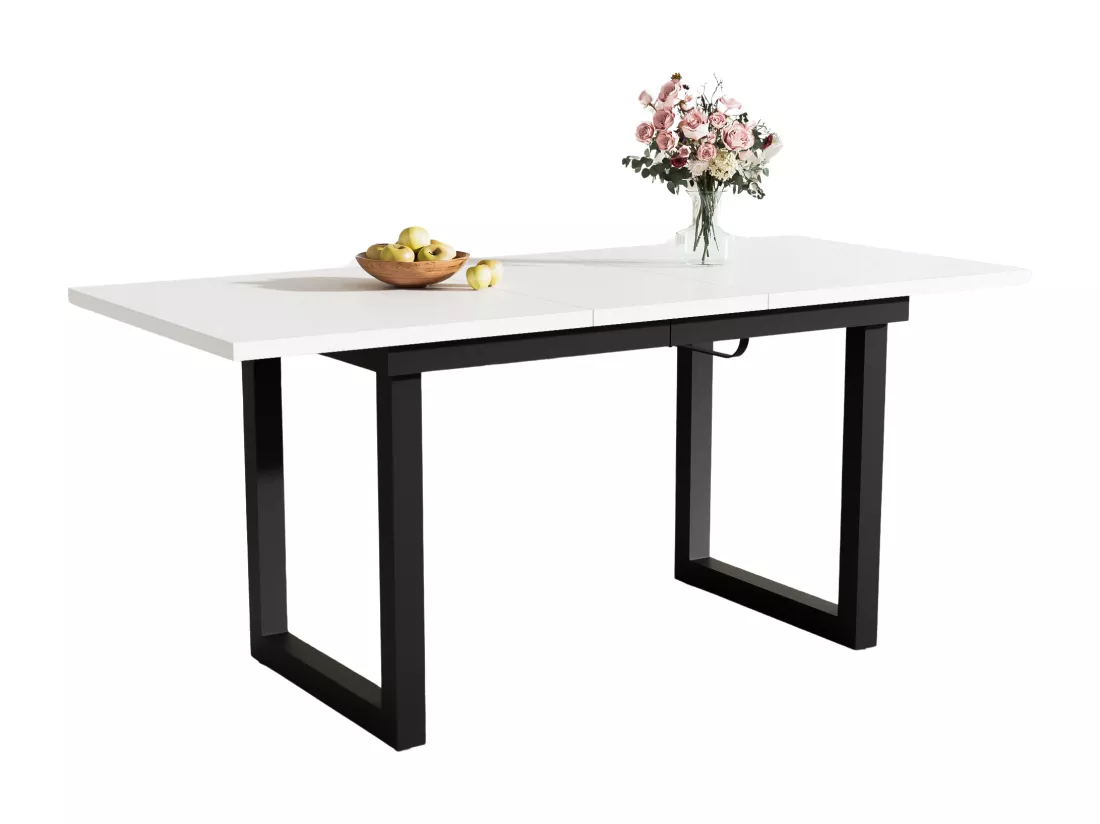 Table à manger extensible 4 à 6 couverts - 140/180 x 80 x 75 cm - MDF et pièds en fer - Effet marbre - Blanc