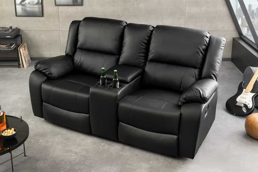 Exklusiver 2er Kinosessel HOLLYWOOD 190cm schwarz mit Liegefunktion und Getränkehalter