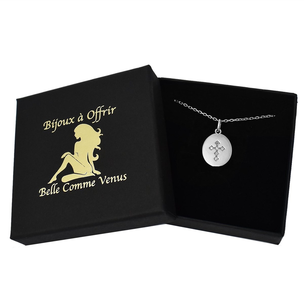 Collier médaille ovale croix sertie d'oxyde de zirconium Argent 925 Rhodié