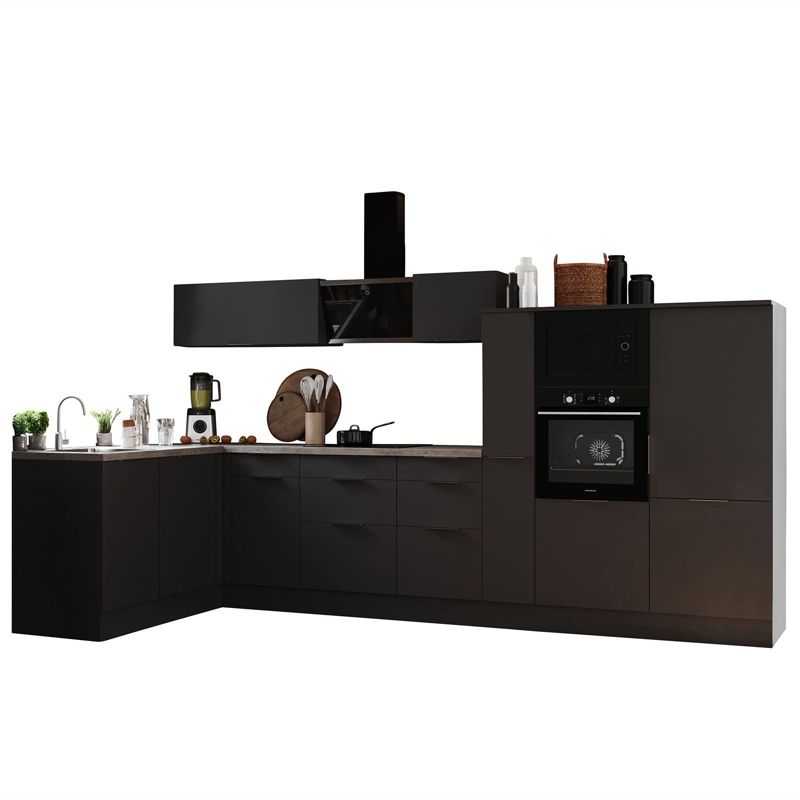 RESPEKTA Winkelküche - grau matt - mit E-Geräten - 370x175 cm