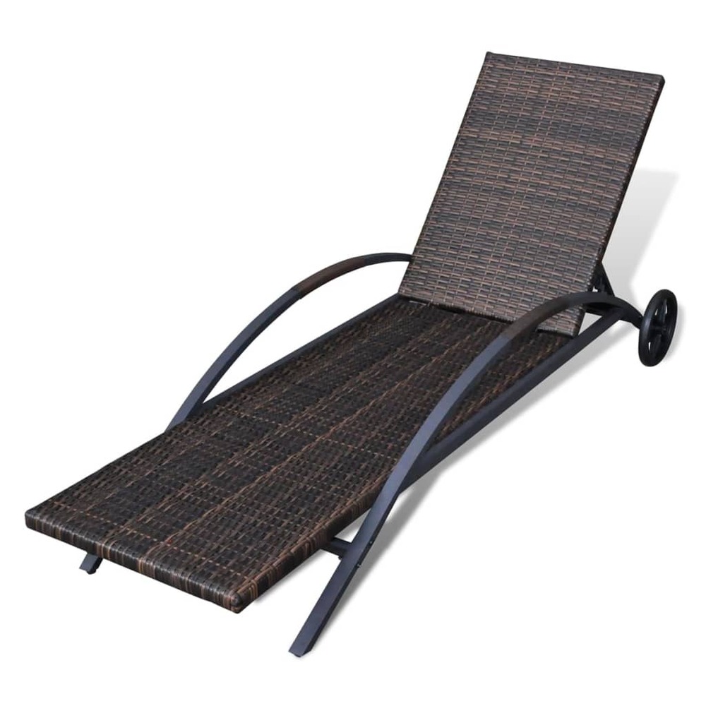 Transat chaise longue bain de soleil lit de jardin terrasse meuble d'extérieur avec coussin et roues résine tressée marron 02
