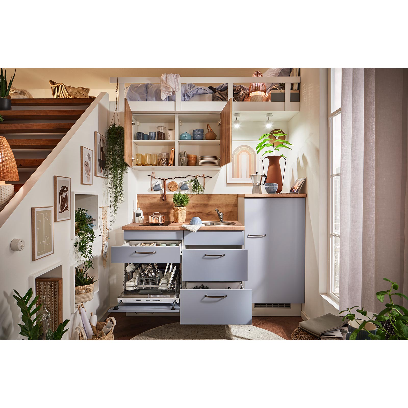 Singleküche - pastellblau - Honig Eiche - mit E-Geräten - 180 cm