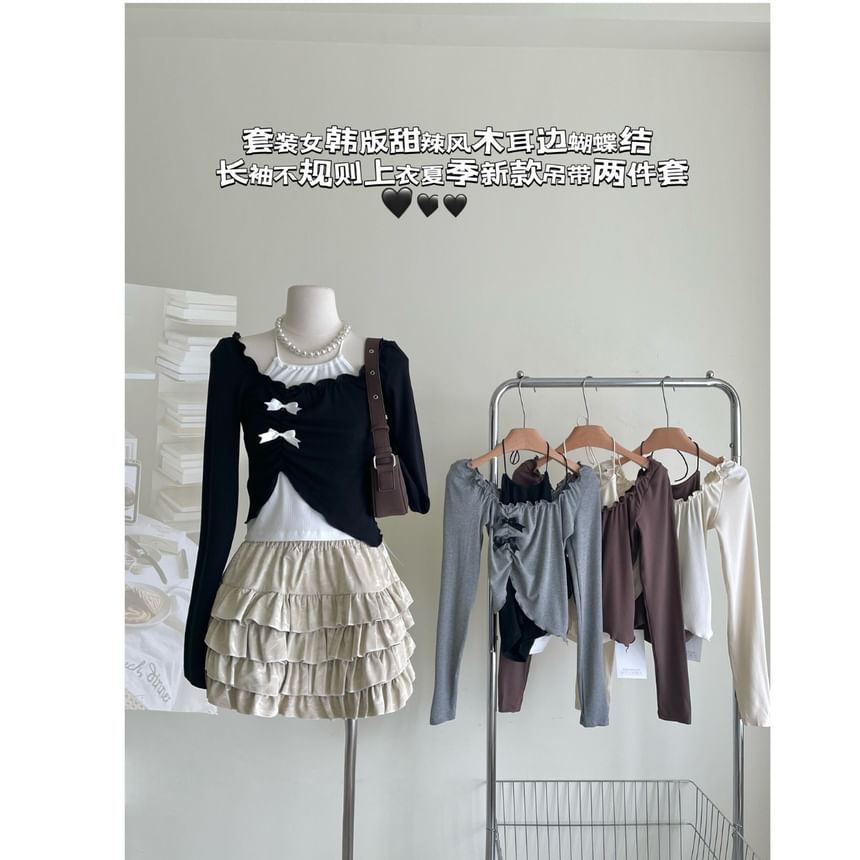 Dute - Lange mouwen vierkante hals asymmetrische crop top / halternek top / mini A-lijn rok / set