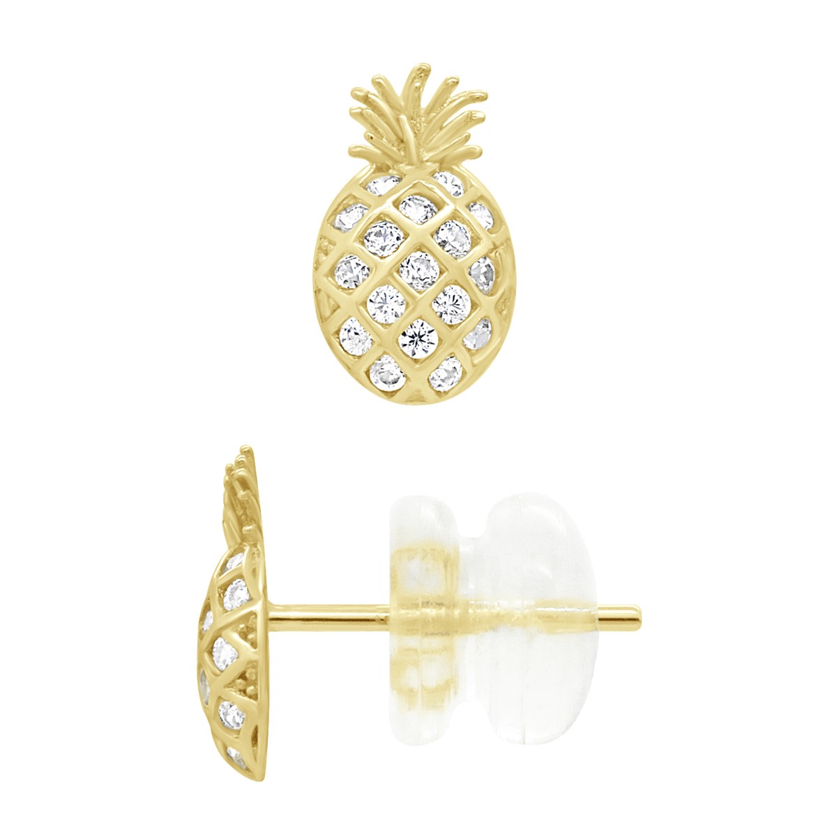 Boucles d'Oreilles Fantaisie - Ananas - Serties d'Oxydes de Zirconium Blancs - Or Jaune