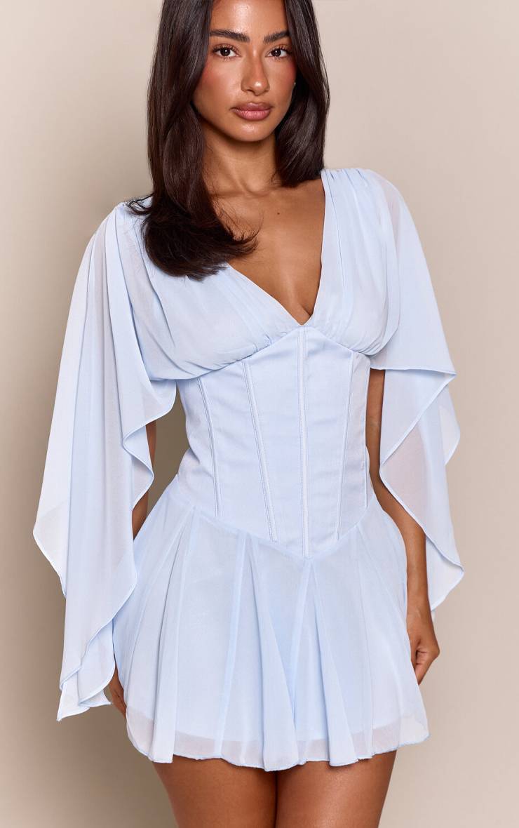 Bleu Layette Robe Mini Petite À Taille Corset Bleu Avec Manches Drapées En Mousseline Et Jupe À Godets