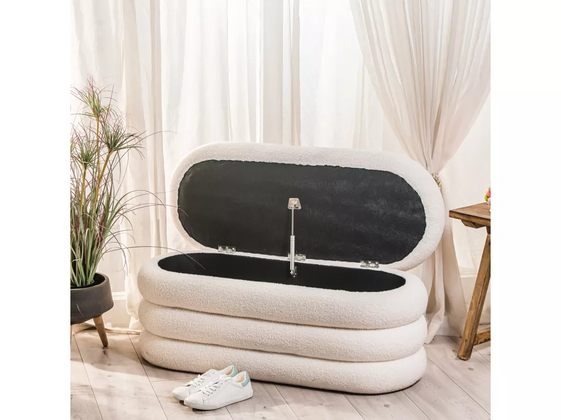 Banc avec rangement en bouclettes blanches