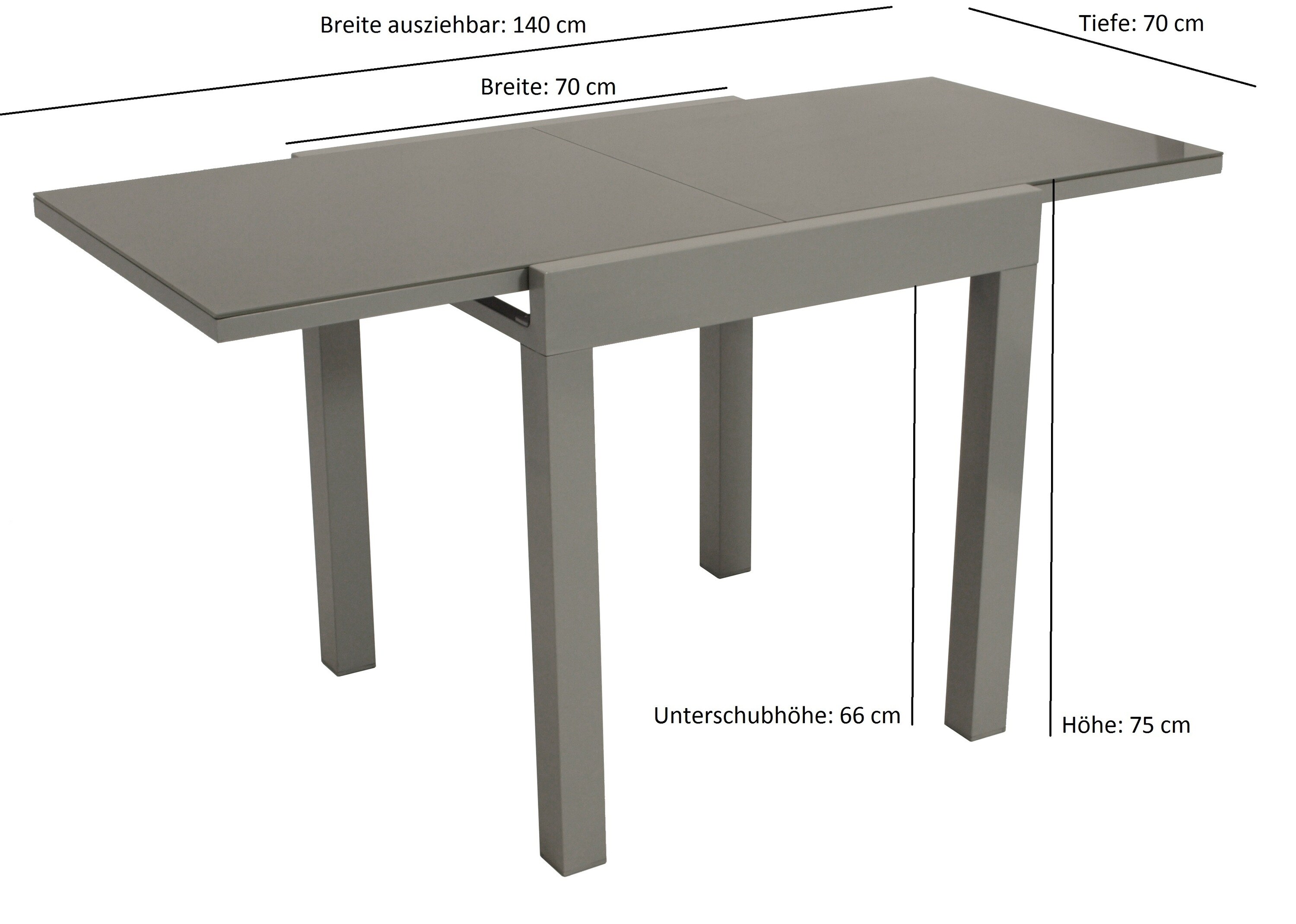 DEGAMO Balkon-Ausziehtisch MARINA 70/140x70cm, Aluminium silbergrau + Glas grau