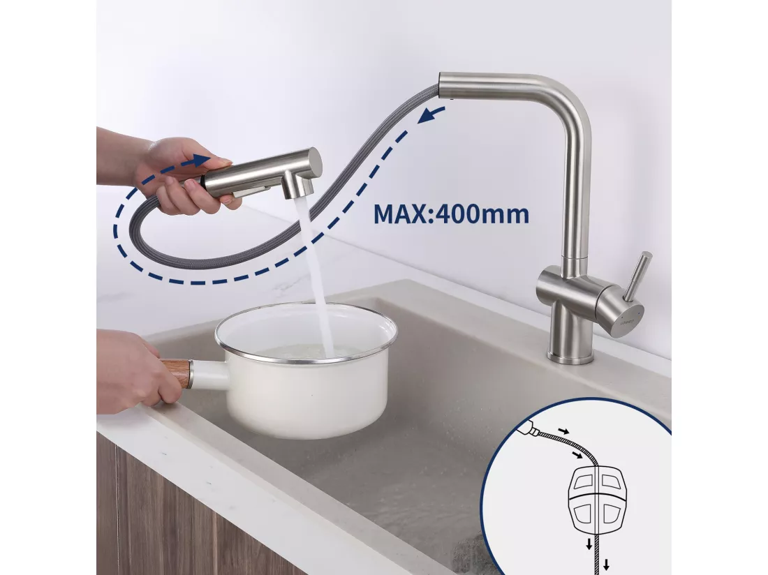 Mitigeur Cuisine avec Douchette Robinet Douchette d'évier Extractible à Deux Jets Mitigeur Evier Bec Haut Pivotant 360°avec Barboteur Démotable