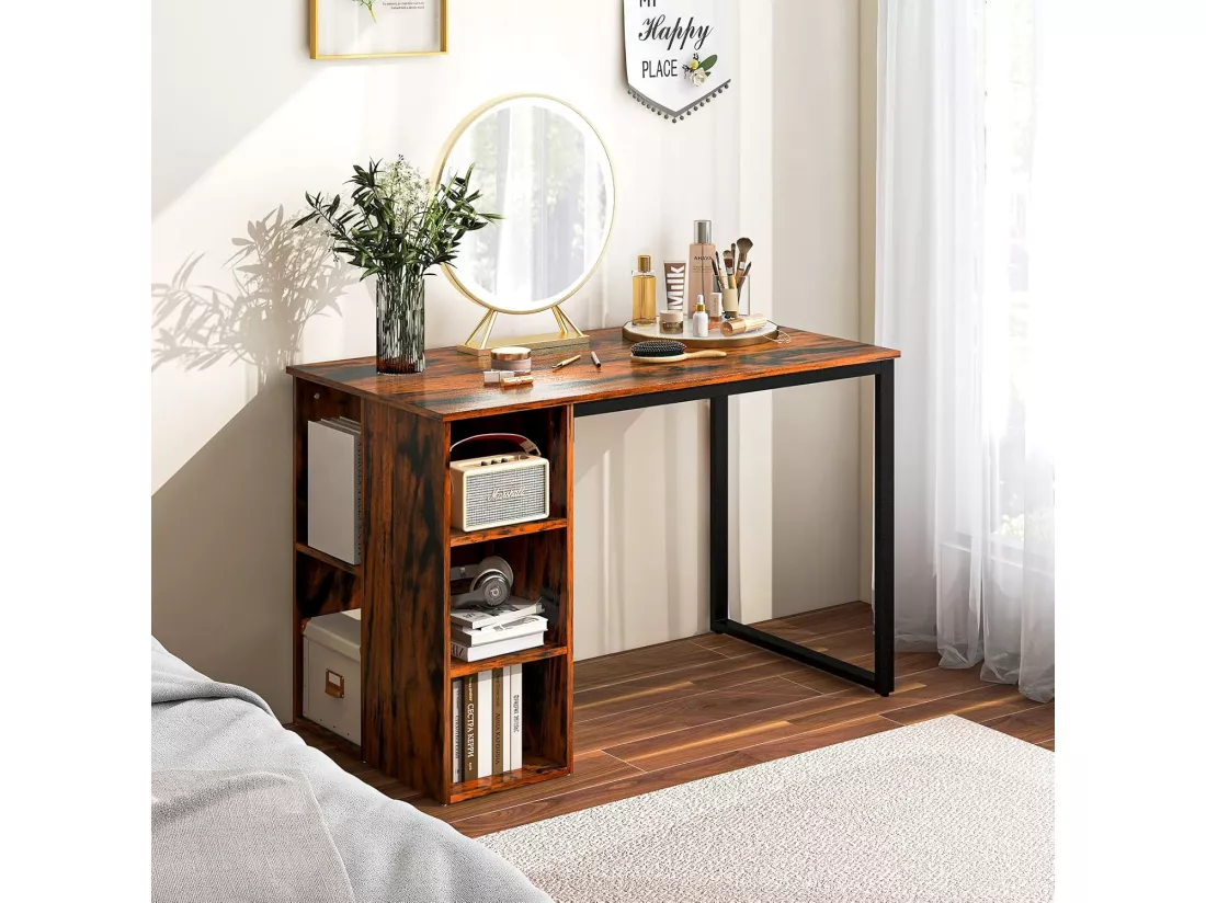 Bureau d'Ordinateur avec Bibliothèque, Bureau Informatique avec 5 Compartiments, Cadre en Métal, Table d'Ordinateur pour Bureau, Chambre, Studio, 115 x 59,5 x 75 cm (Marron Rustique)