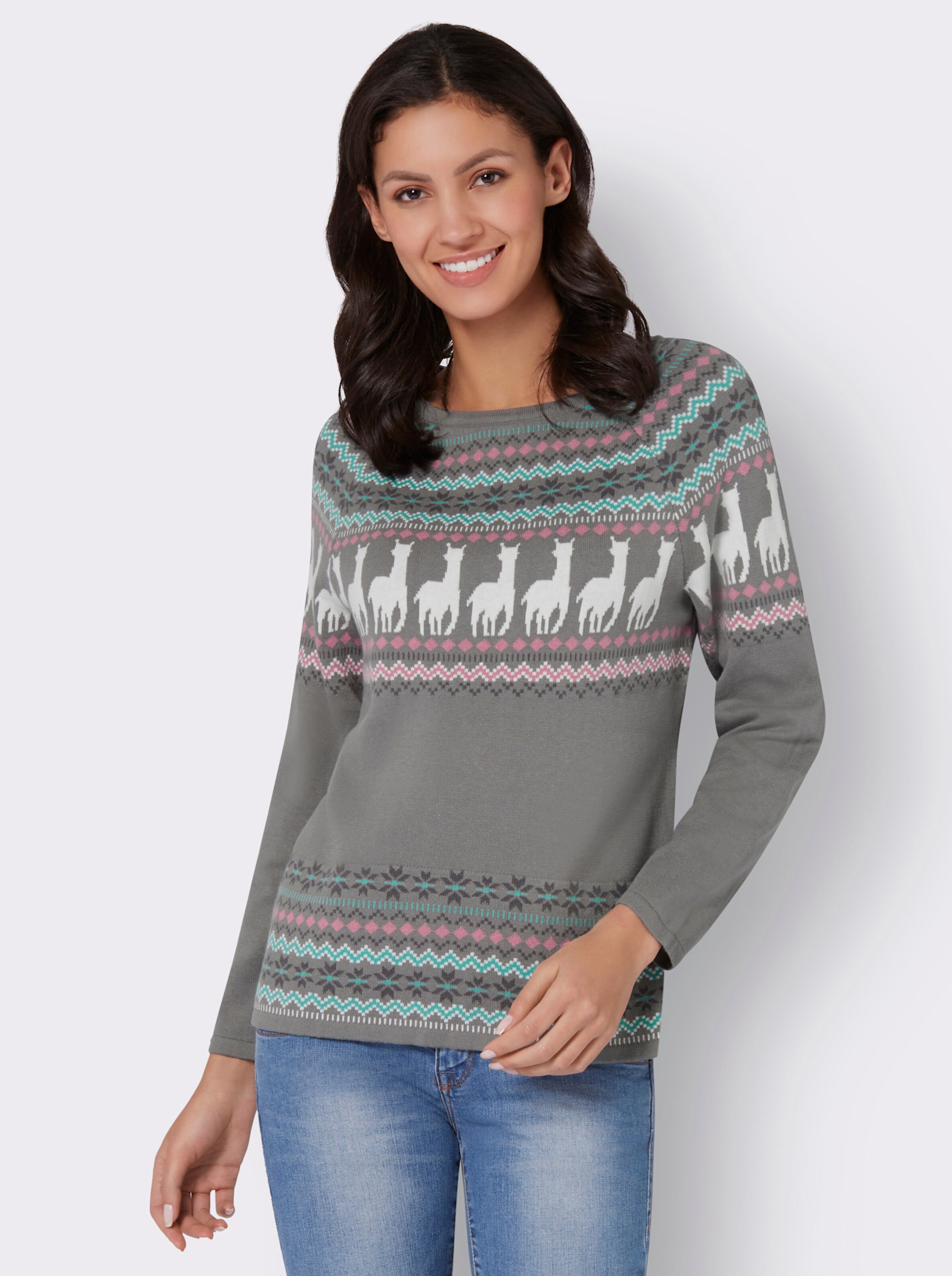 Norwegerpullover mit Alpaka-Motiven
