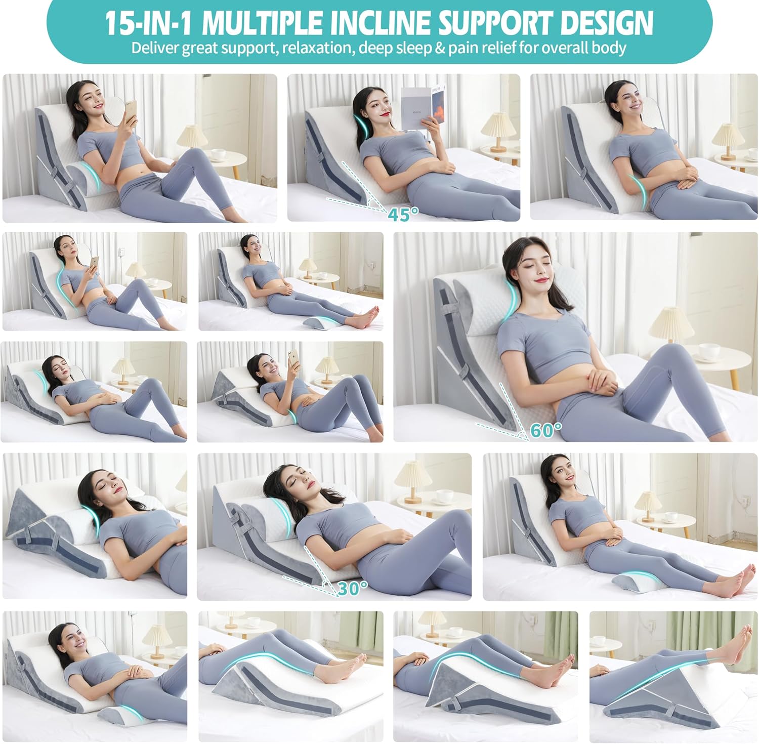 Keilkissen zum Schlafen, orthopädisches Bettkeilkissen-Set, 15-in-1, 3-teilig, verstellbares Keilkissen aus Memory-Schaum, nach Operationen, 57 cm, 40,6 cm, 50,8 cm Höhe, 3-in-1 Neigungskeile (Weiß,
