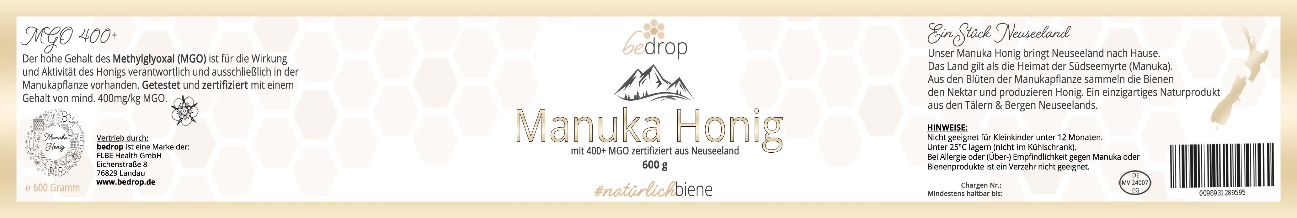 bedrop XXL Manuka Honig mit MGO 400+ (zertifiziert) Glas