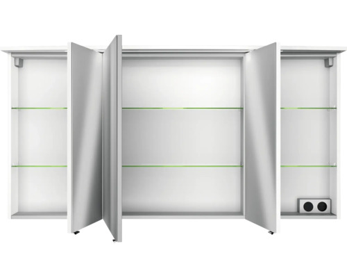 3-delige badkamermeubelset Pelipal xpressline 4010 BxHxD 144 x 200 x 49,5 cm, fronten hoogglans wit, met witte keramische wastafel en keramische spoelbak, badmeubel, spiegelkast met LED-verlichting, chromen grepen, 4010.1400209 40101400209
