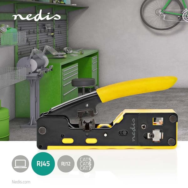 Crimp pliers | CAT5 / CAT5e / CAT6 / CAT6a / CAT7 / RJ12 / RJ45 | Cutting / Plier / Stripping | Gummi / Stål | Gul / Sort