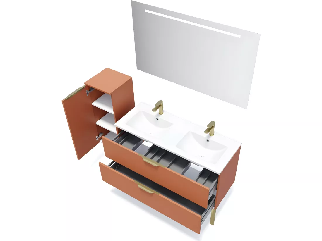 Meuble de salle de bain suspendu double vasque intégrée 120cm 2 tiroirs Terracotta - Venice