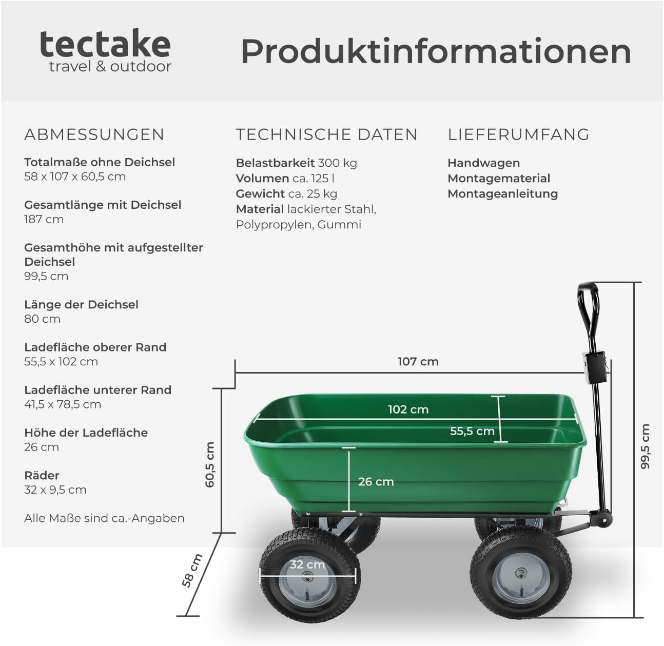 tectake® Bollerwagen, Handwagen, Transporter mit Kippfunktion, Rollwagen mit Lenkachse, Trolley, als Einkaufswagen, Bastelwagen, Transportkarre, Gartenwagen, Einkaufstrolley - Belastbarkeit 300kg