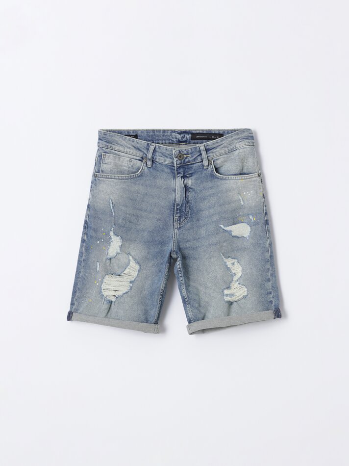 Shorts jeans slim confortáveis com rasgos - Índigo