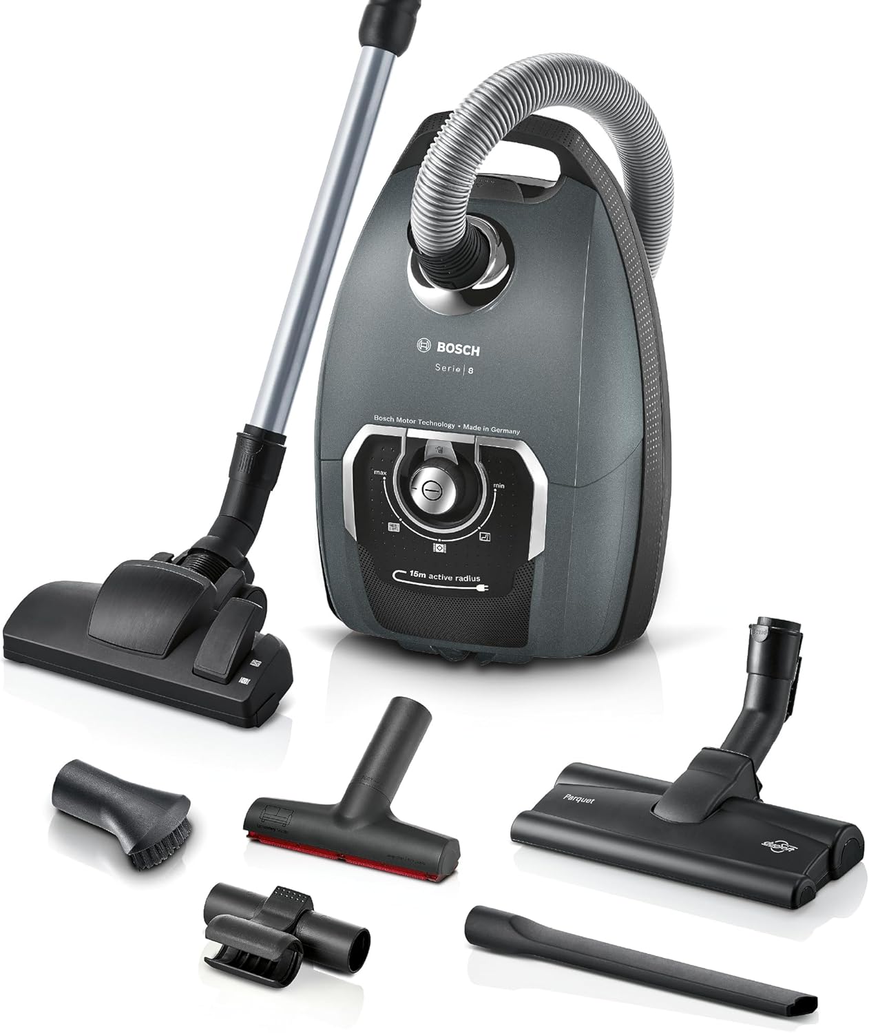 Bosch Staubsauger mit Beutel Serie 8 BGL75XPRQ, für Allergiker, Hygiene-Filter, 10 Jahre Motorgarantie, Hartbodendüse, XXL-Polsterdüse, XXL-Fugendüse, langes Kabel, Made in Germany, leise, 750 W, grau