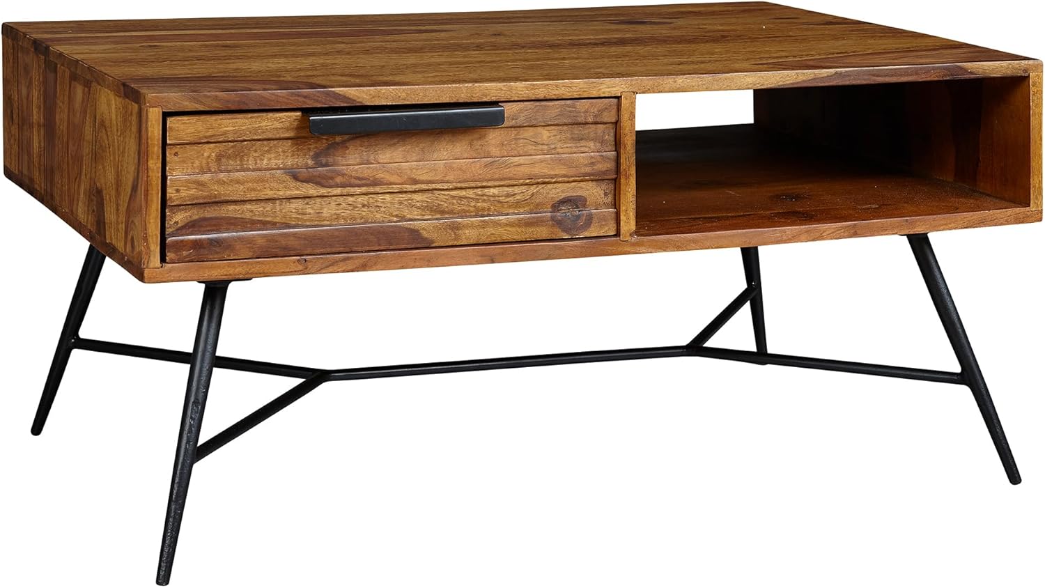FineBuy Couchtisch Nishan 87 x 41 x 55 cm Sheesham Massiv Holz, Design Holztisch mit Stauraum und Schublade, Massivholztisch Wohnzimmer, Retro-Industrial Wohnzimmertisch mit Metallbeinen Braun