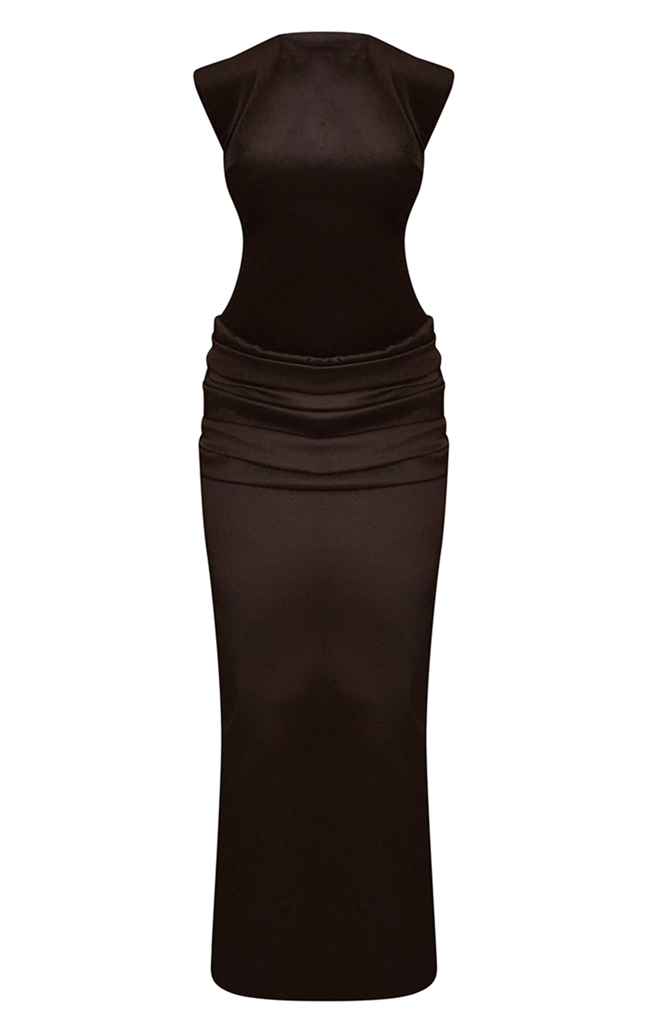 Noir Robe Mi-longue En Satin Froncé À Épaules Marquées En Velours PLT Label