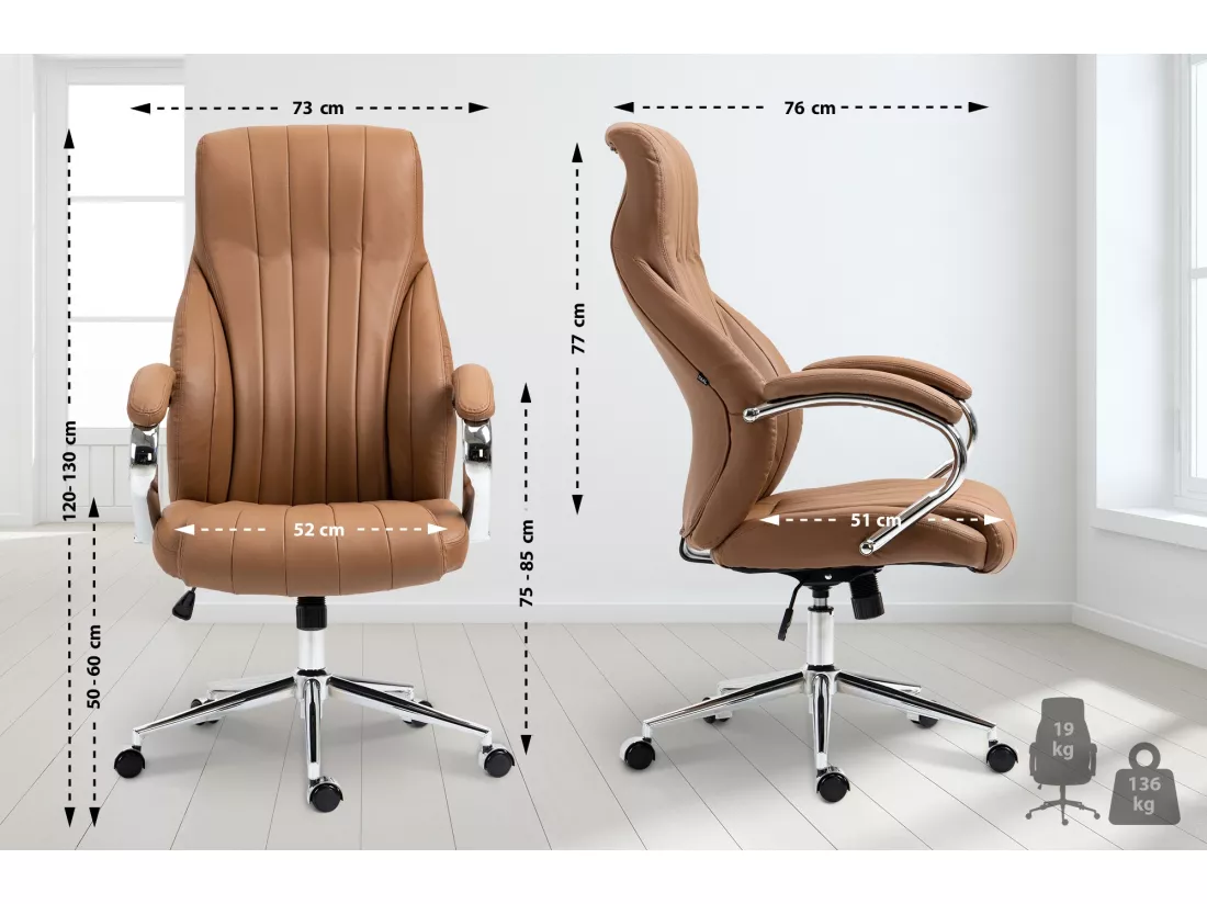 Chaise de bureau - Véritable cuir & Métal chromé - Marron clair - Wigan