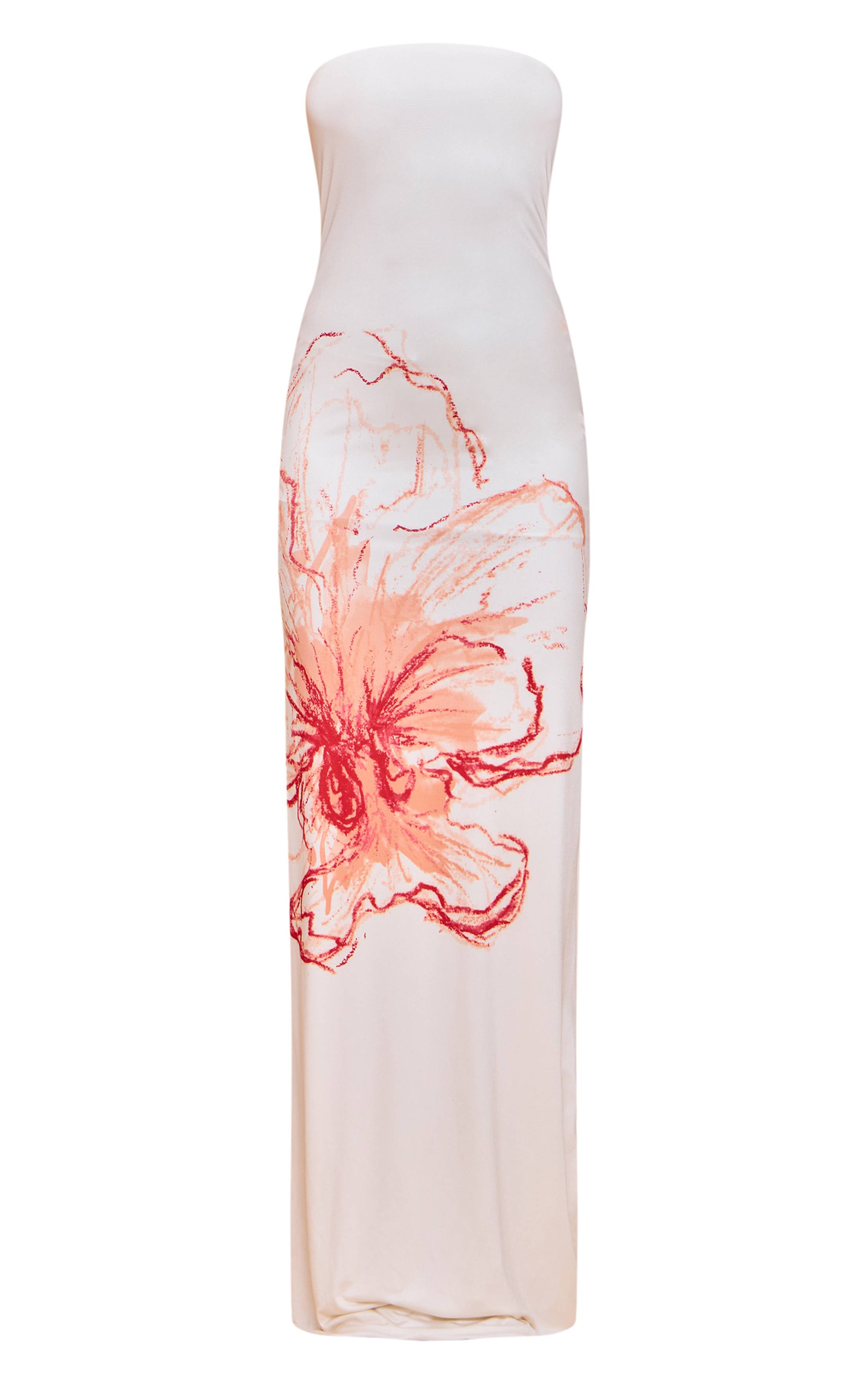 Cream Floral Robe Maxi À Bandeau Imprimée