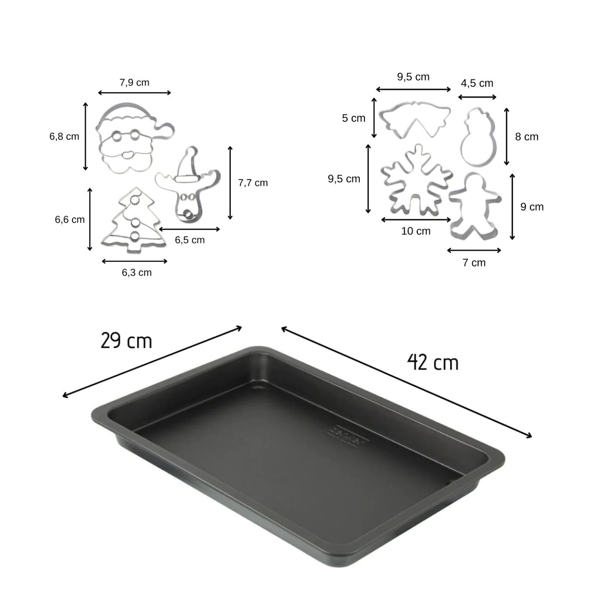 Plaque de cuisson four de 42 x 29 cm et 7 emporte-pièces de Noël inox