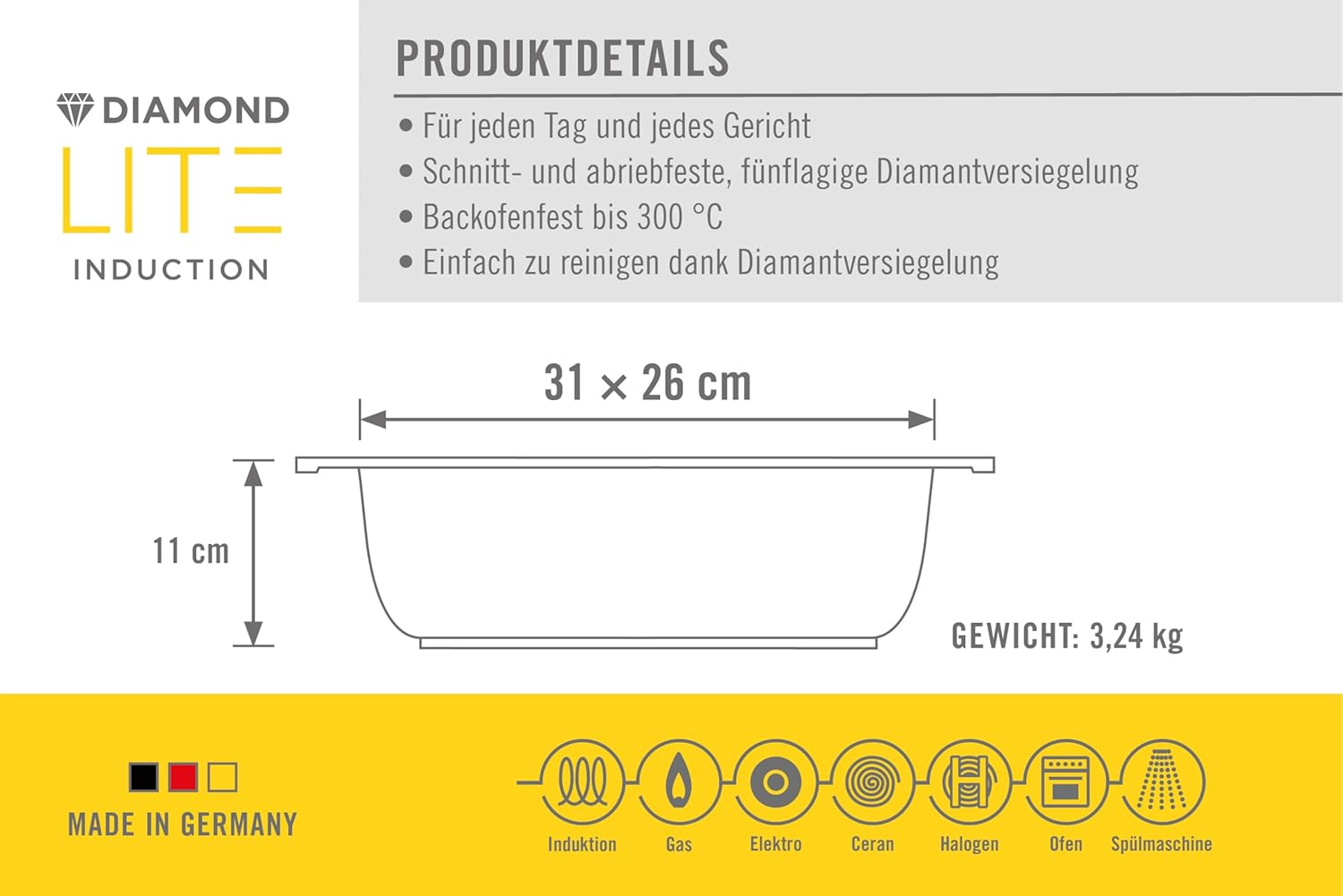 Woll Diamond Lite Gussbräter mit Glasdeckel in Box - Induktiv -, 31 x 26 cm, 11 cm hoch, 6 Liter - Geeignet für alle Herdarten, Aluminium Gusspfanne, backofenfest, anthrazit