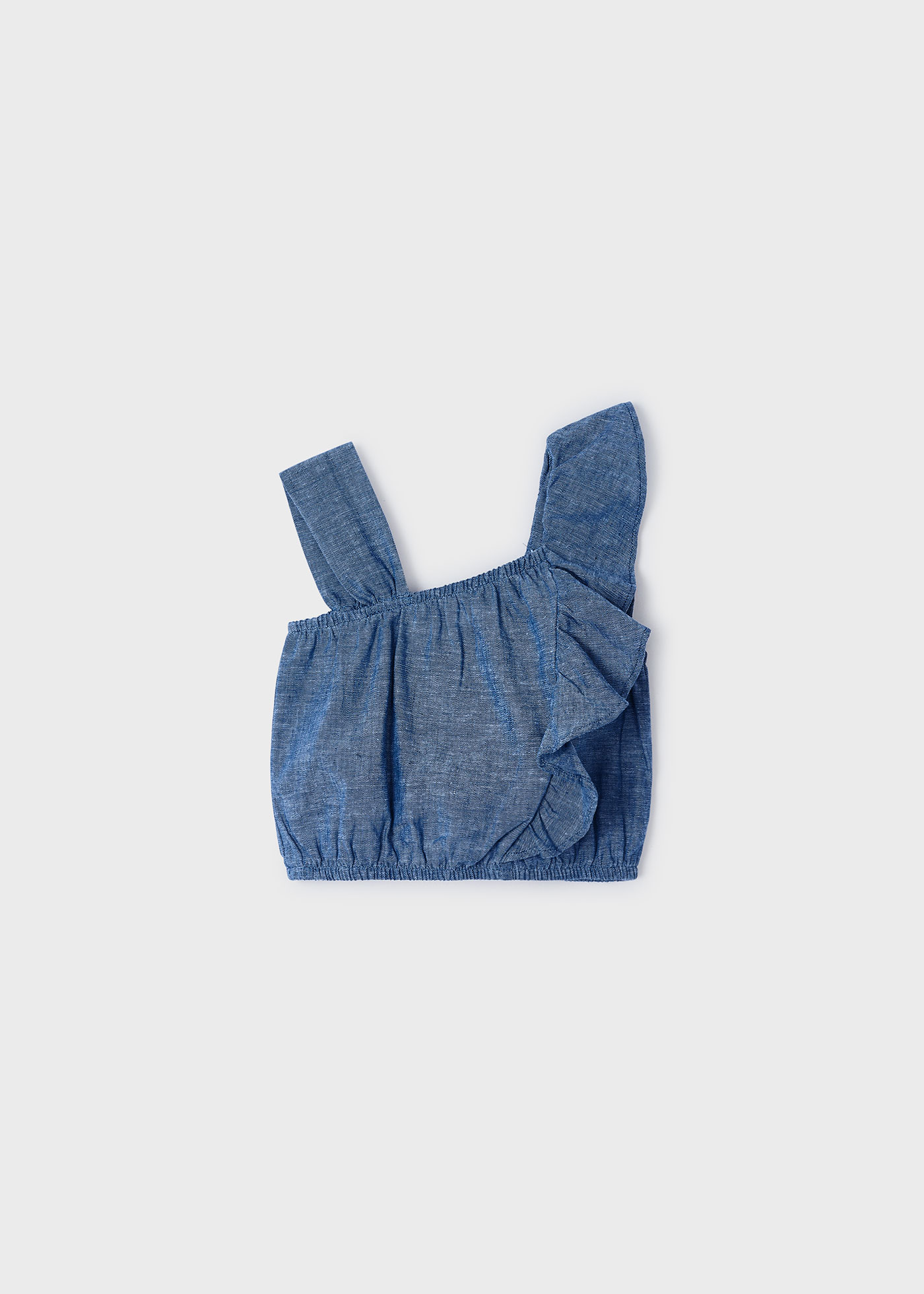 Blusa azul de linho com babados para meninas