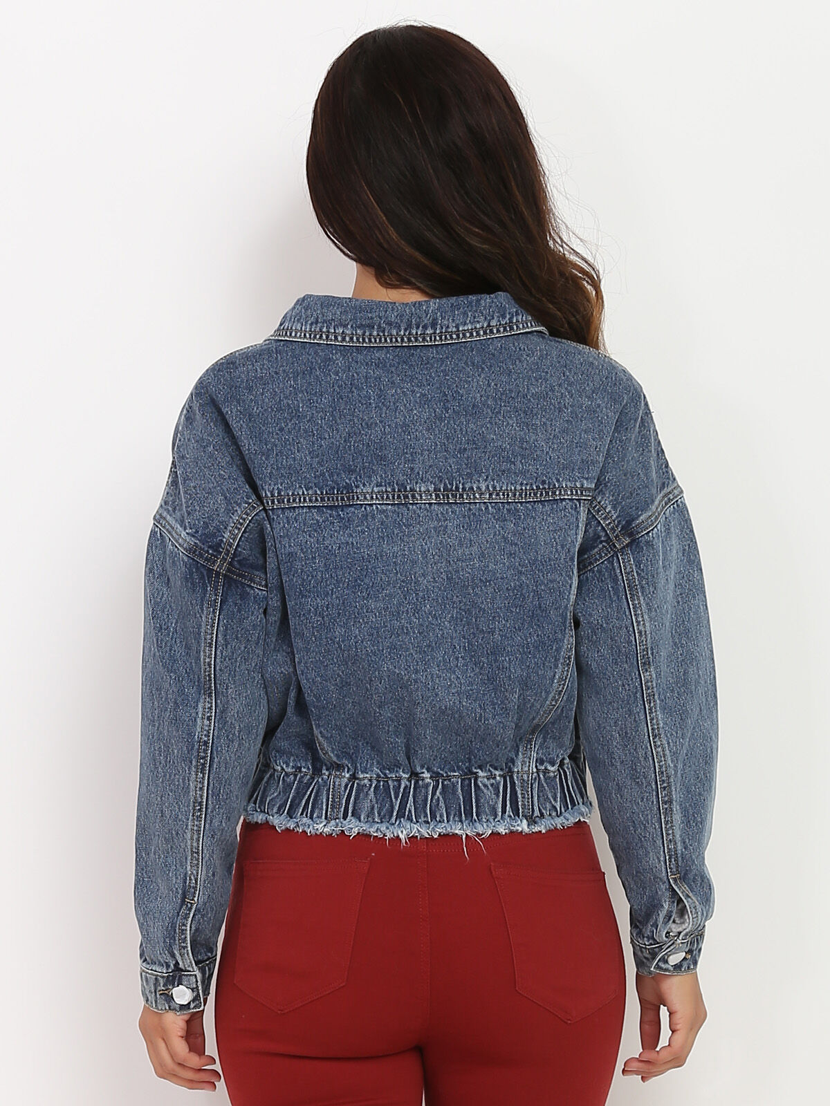 Veste en jean courte avec élastique- Bleu
