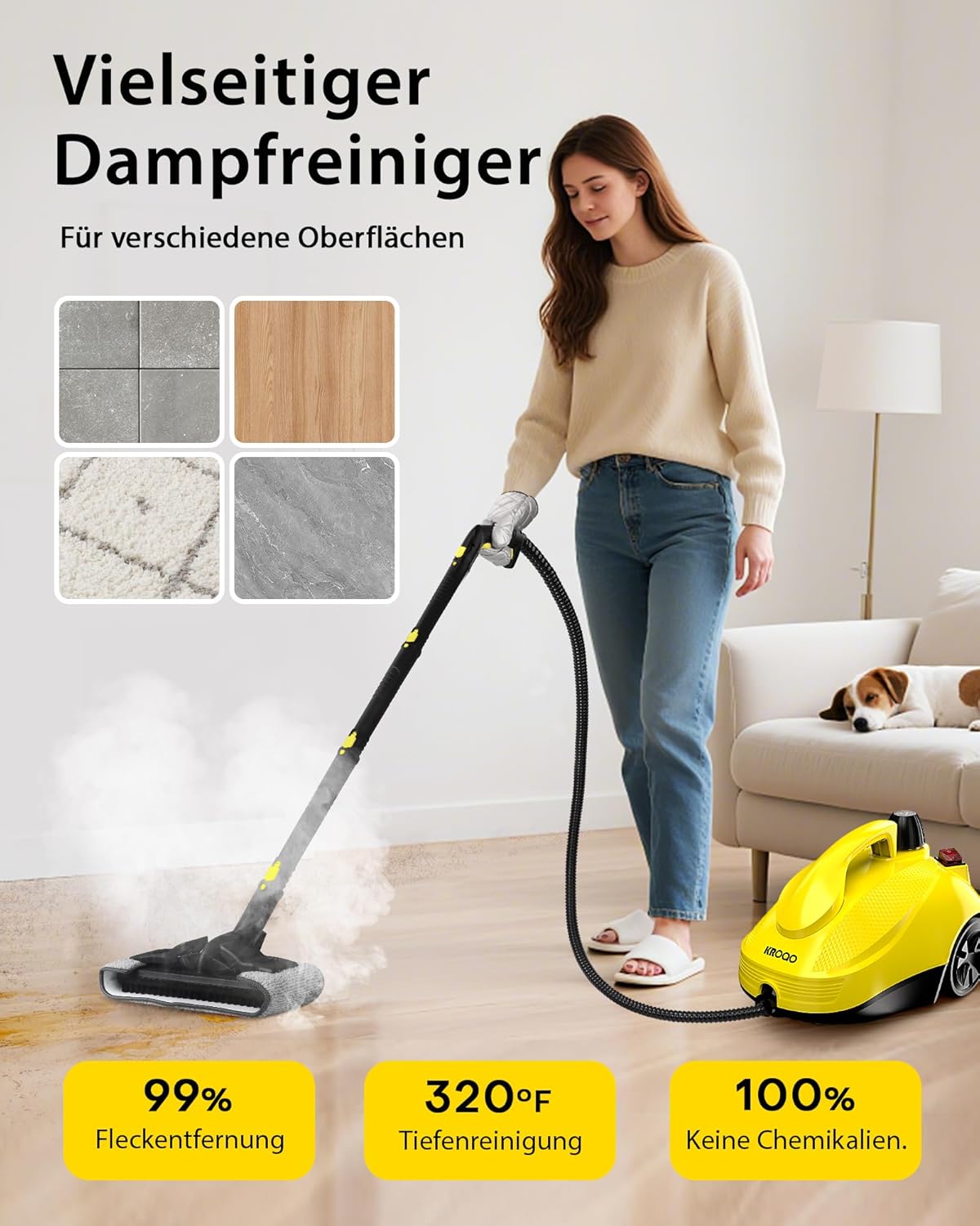 Dampfreiniger, fünf Meter langes Netzkabel, geeignet für die Reinigung von Backöfen, Sofas, Polstermöbeln und Spielzeug, mit 23 Zubehörteilen für eine effektive Fleckenentfernung.