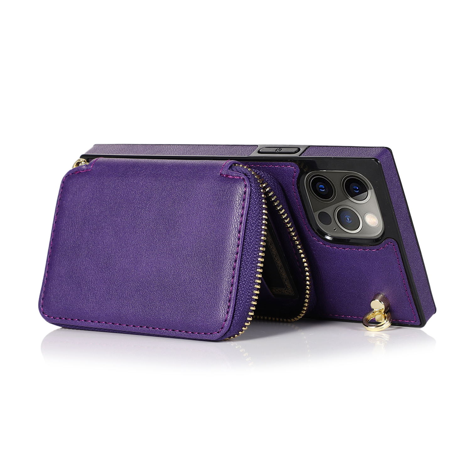 iPhone 13 Pro Necklace Leder Schutz Hülle mit Kartenfächer   Handykette (140cm) - Violett