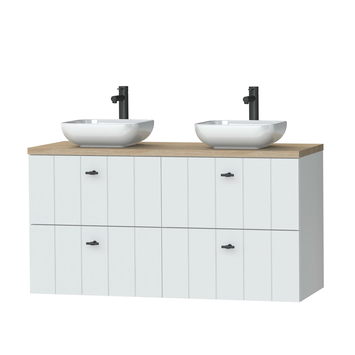 Tiger Maryport Badkamermeubelset 120 cm Mat wit met licht eiken houten wasblad, keramische opzetkom en matzwarte grepen
