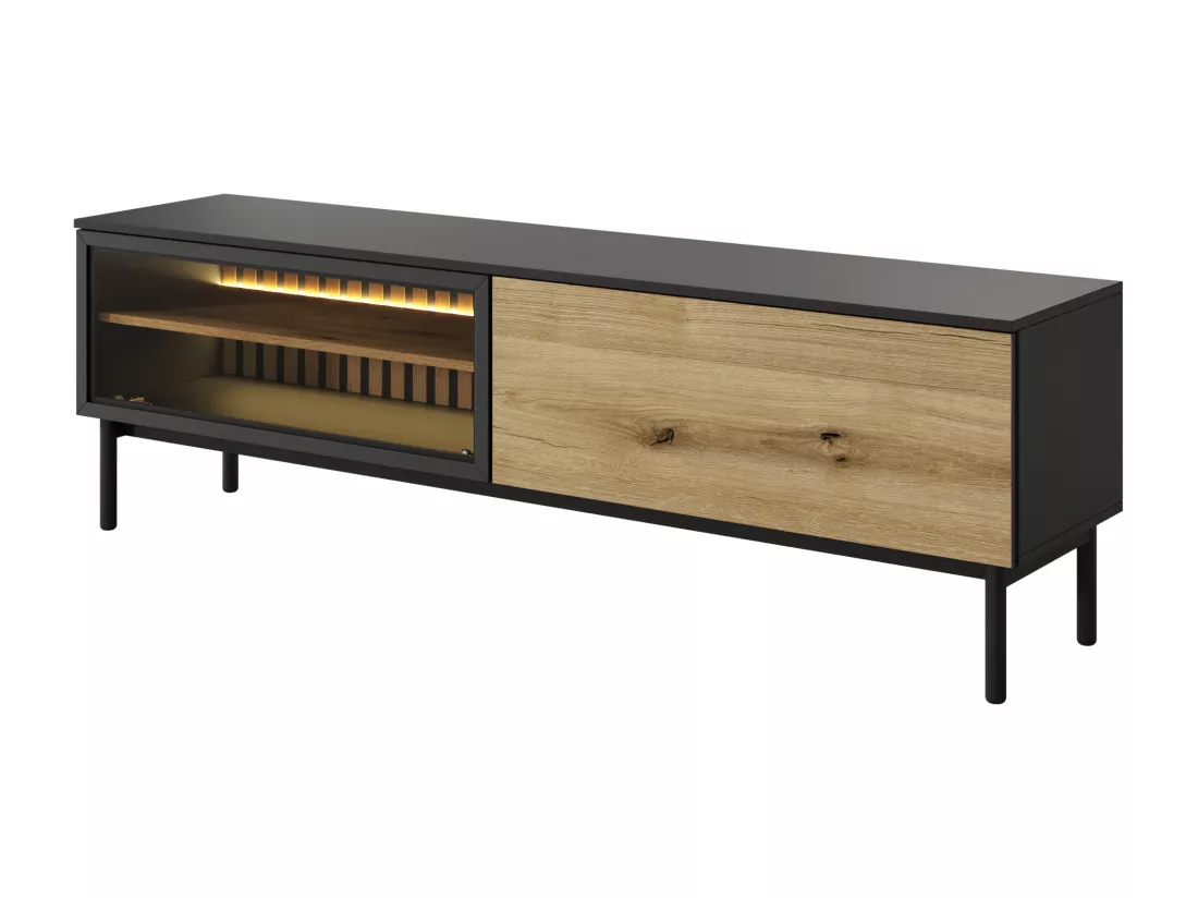 Meuble TV 2 portes avec LEDs - Naturel et noir - LABENIA