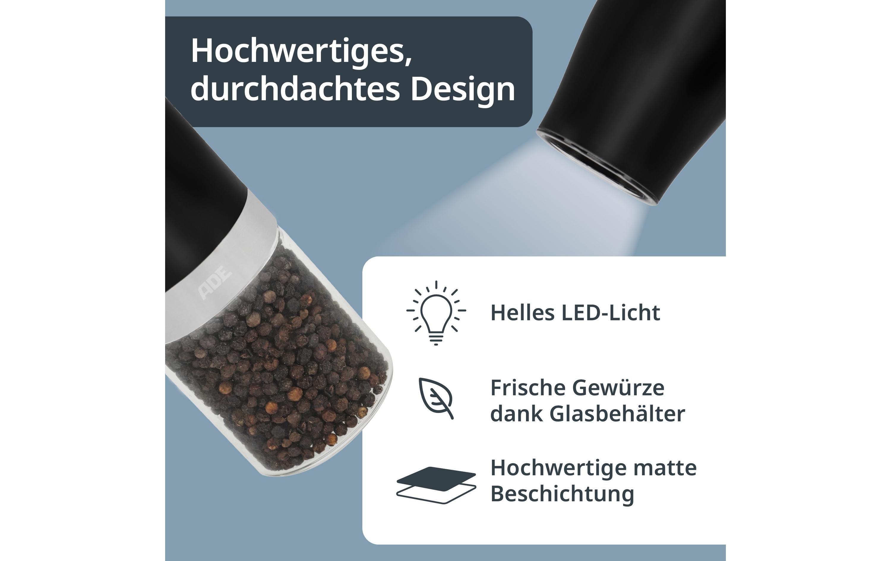 Salz- und Pfeffermühle 18.3 cm, SchwarzElektrische Salz- und Pfeffermühle mit Kipp-Sensor