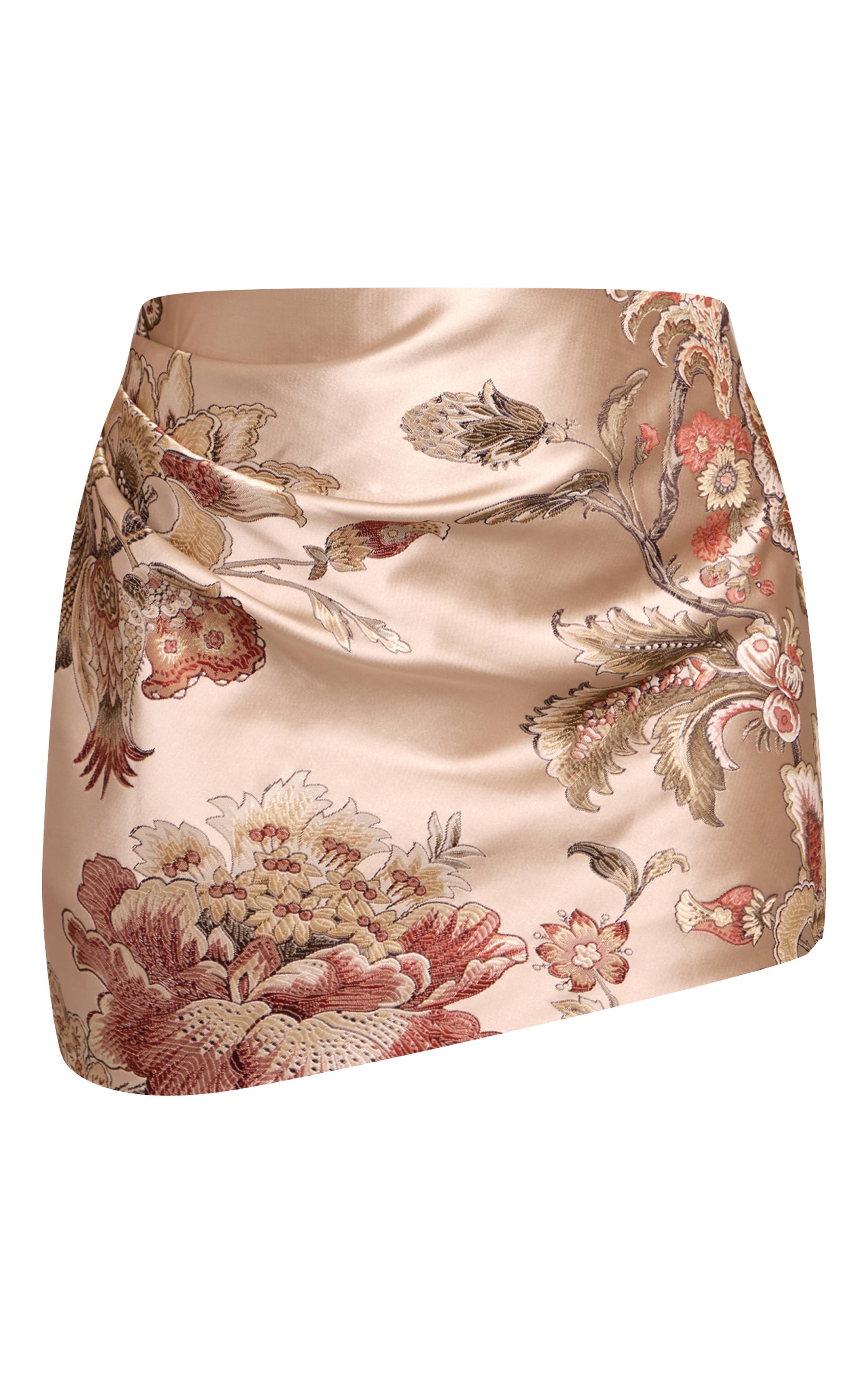 Multicolore Robe Moulante En Satin À Jupe Brodée Jacquard Floral
