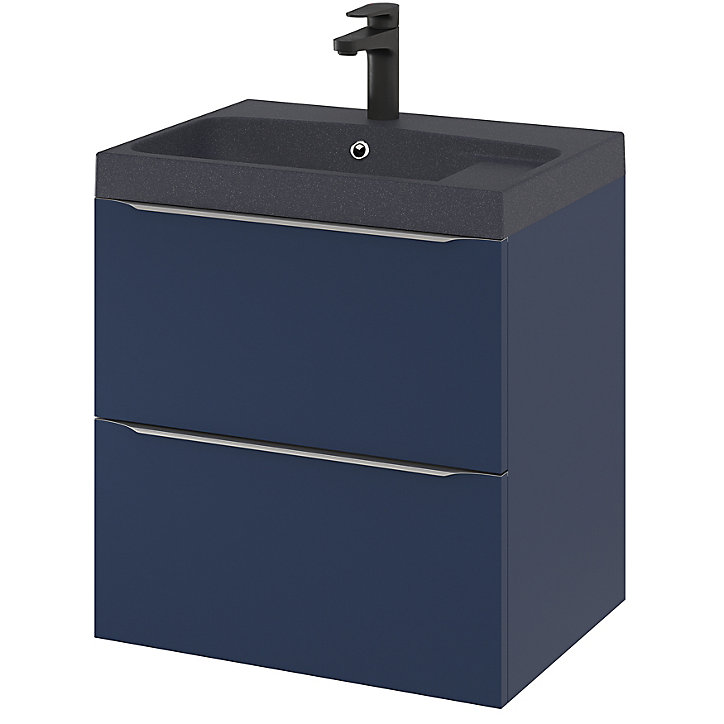 Ensemble salle de bains l.60 cm meuble à suspendre Imandra bleu nuit mat + plan vasque résine noir