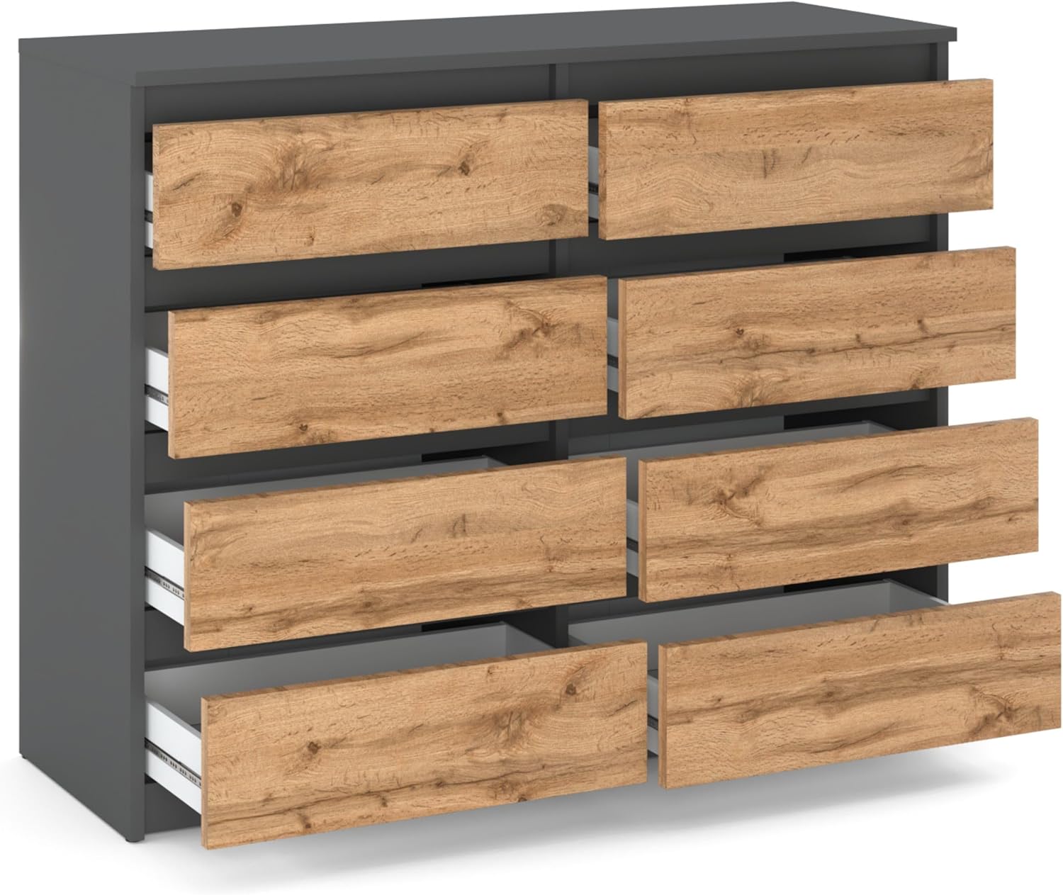 Kommode mit 8 Schubladen - Holz Sideboard 120 x 92,5 x 33,5 cm (B/H/T) - Schmale Kommode für Schlafzimmer & Flur - Regal mit Schubladen - Schrank mit Schubladen (Grau Matt - Wotan)