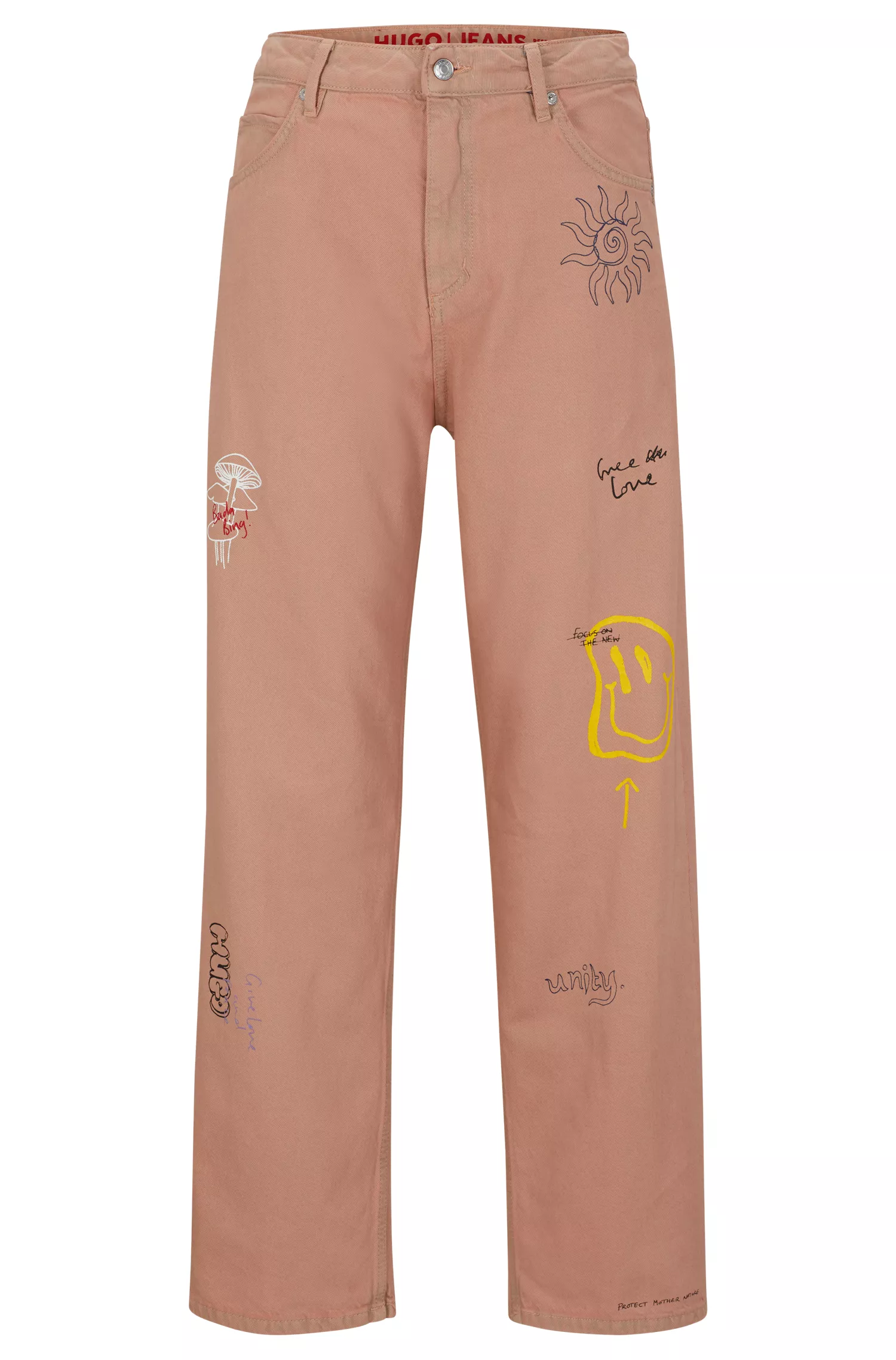 Calça jeans HUGO vermelha, modelagem relaxada, em denim tingido com estampas de rabiscos.