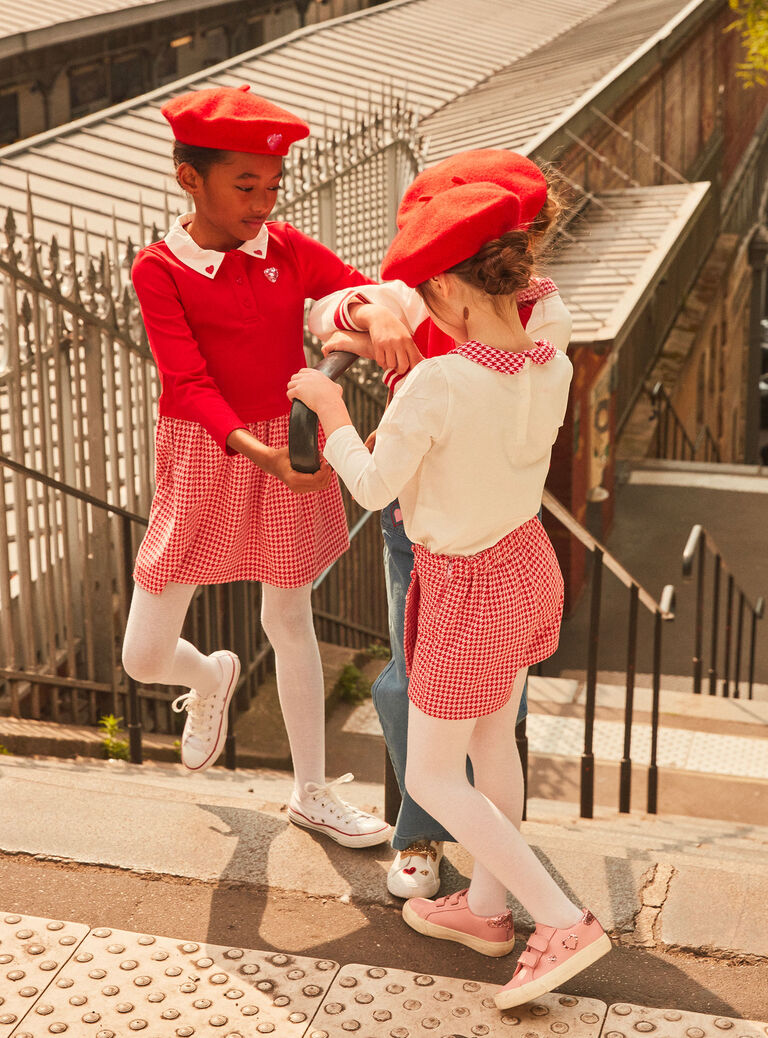 Jupe-short rose barbapapa et rouge à imprimé pied-de-poule