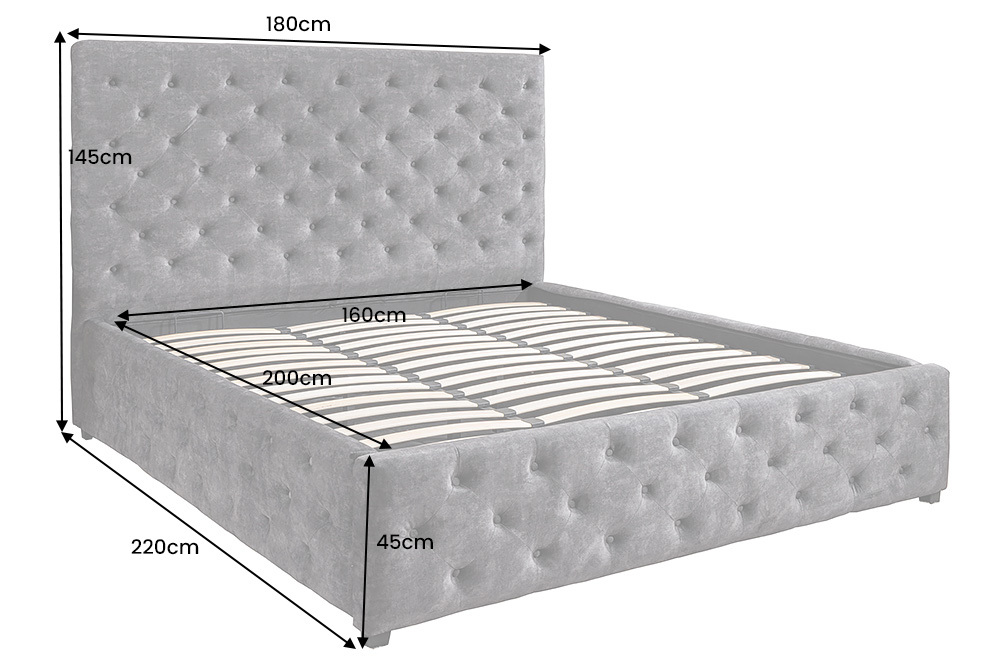 Boxbett PARIS 160x200cm grau Samt mit Stauraum inkl. Matratze und Topper