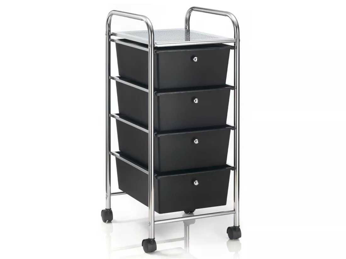 Caisson sur roulettes GINA chariot avec 4 tiroirs en plastique noir et 1 étagère, rangement salle de bain en métal chromé