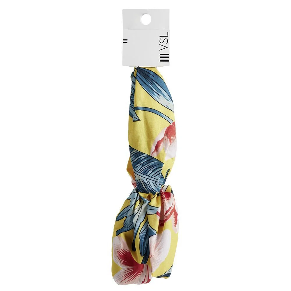 Bandeau torsadé jaune motif tropical vert et corail