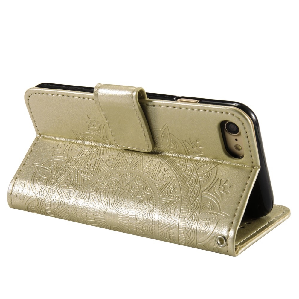 iPhone SE (2022/2020) / 8 / 7 / 6S Leder Tasche Wallet - Mandala Flowers Imprint - Gold