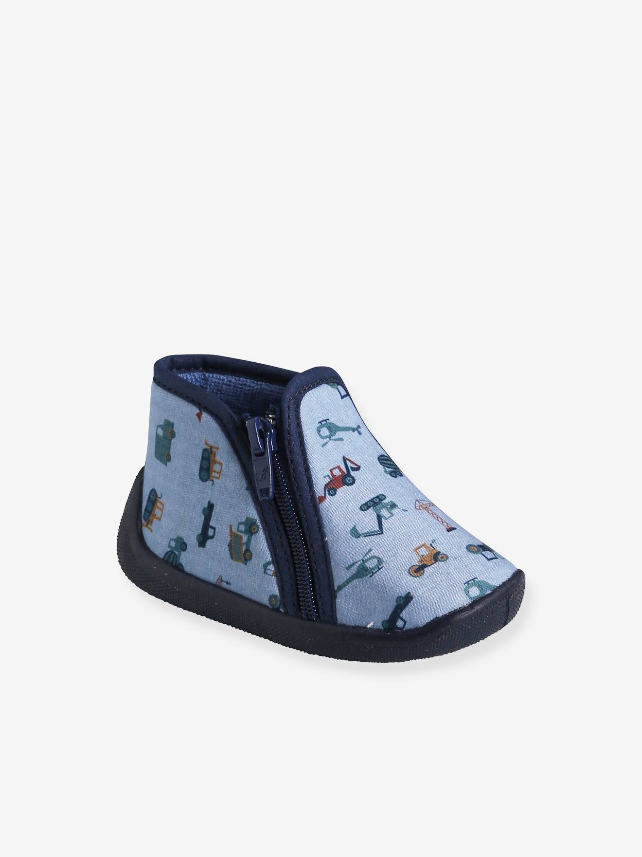 Pantufas de casa com zíper para bebês, fabricadas na França, estampa cinza.