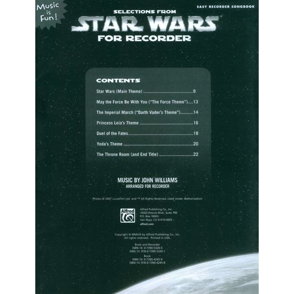 Alfred Music Publishing Selections Star Wars Recorder