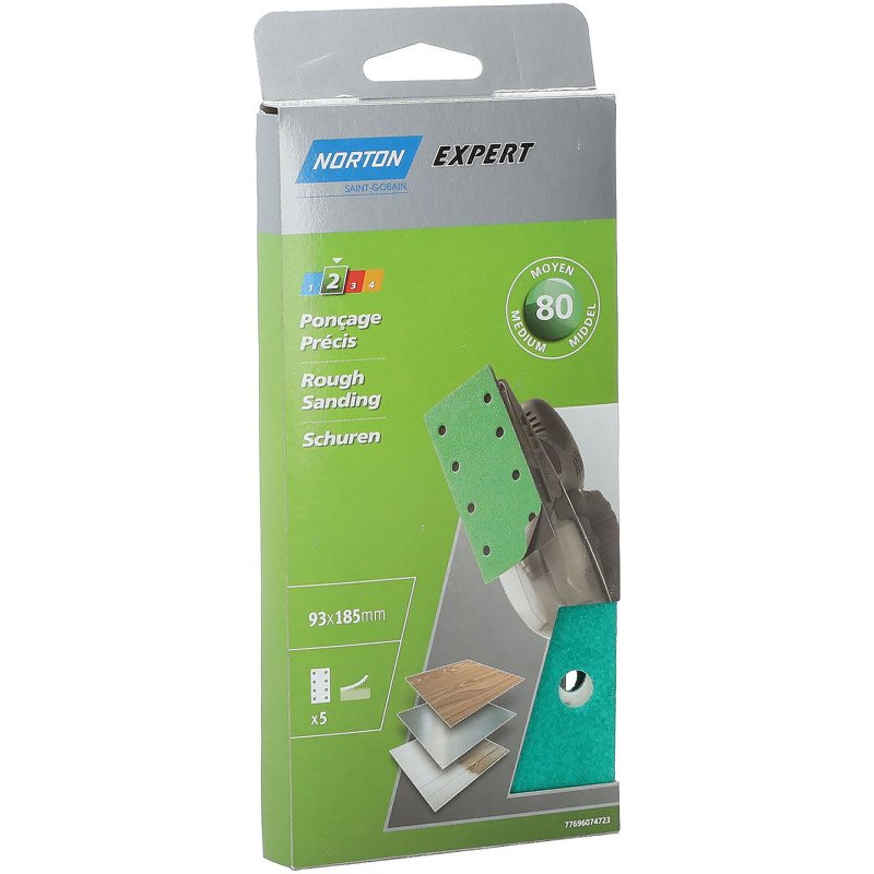 Patin auto-agrippant Norton multi-usages pour ponceuses vibrantes 93 x 185 mm - Grain 80 - Lot de 5