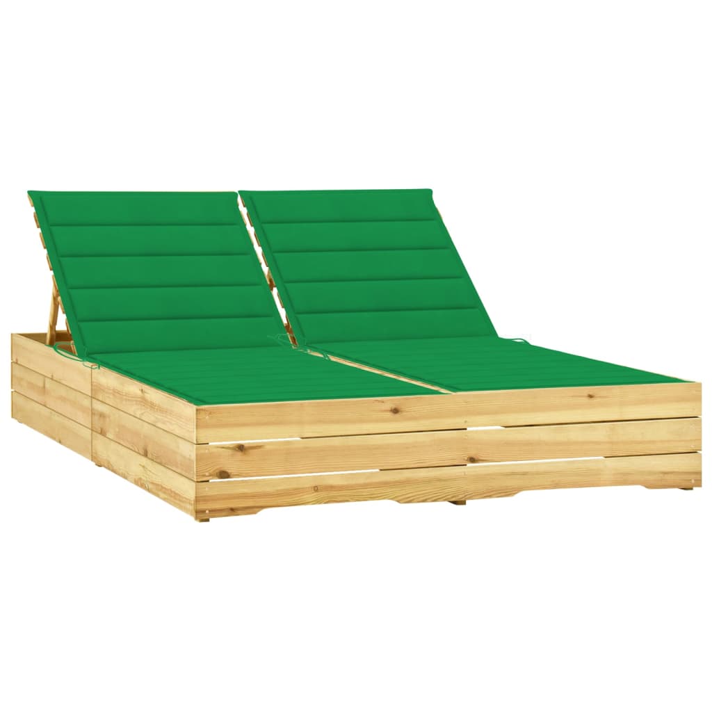 Transat chaise longue bain de soleil lit de jardin terrasse meuble d'extérieur double et coussins vert bois de pin imprégné 0
