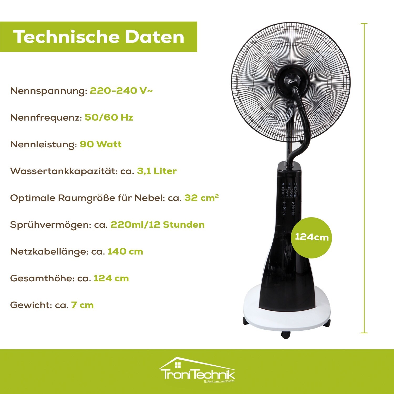TroniTechnik® Standventilator mit Wasserkühlung, Sprühnebel Raumbefeuchter, Fernbedienung, Oszillierend, 3 Stufen, Timer